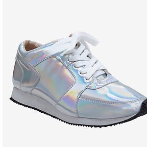 holographic metallic sliver rainbow sneakers